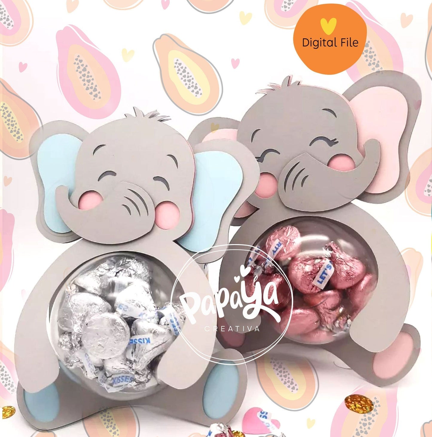 Elephants Set DIGITAL FILE Candy holder/ Dome size 8cm/*dashed lines to open for sweets*