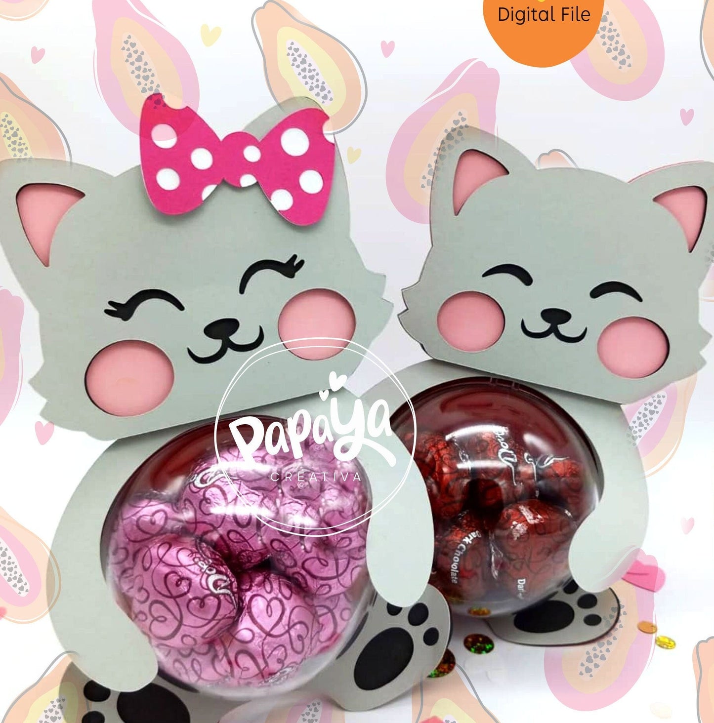 Love Kittens Set DIGITAL FILES Candy holder Dome size 8cm *dashed lines to open for sweets*